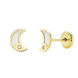 Pendientes oro 18k niña 6.5mm. luna fondo nácar borde liso punta circonita cierre tuerca