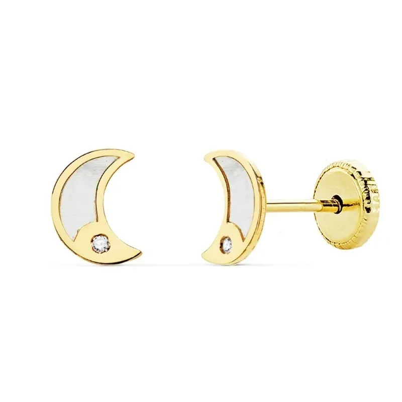 Pendientes oro 18k niña 6.5mm. luna fondo nácar borde liso punta circonita cierre tuerca
