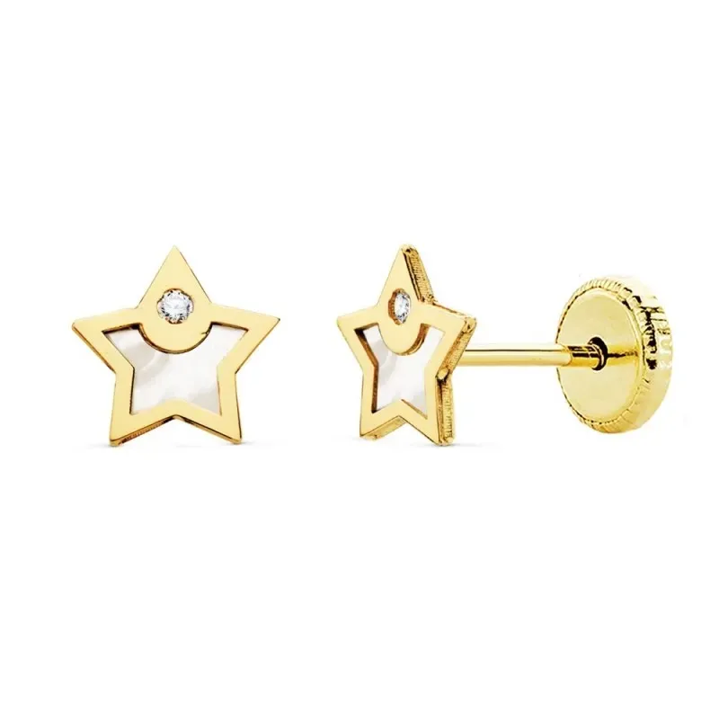 Pendientes oro 18k niña 6mm. estrella fondo nácar borde liso punta circonita cierre tuerca