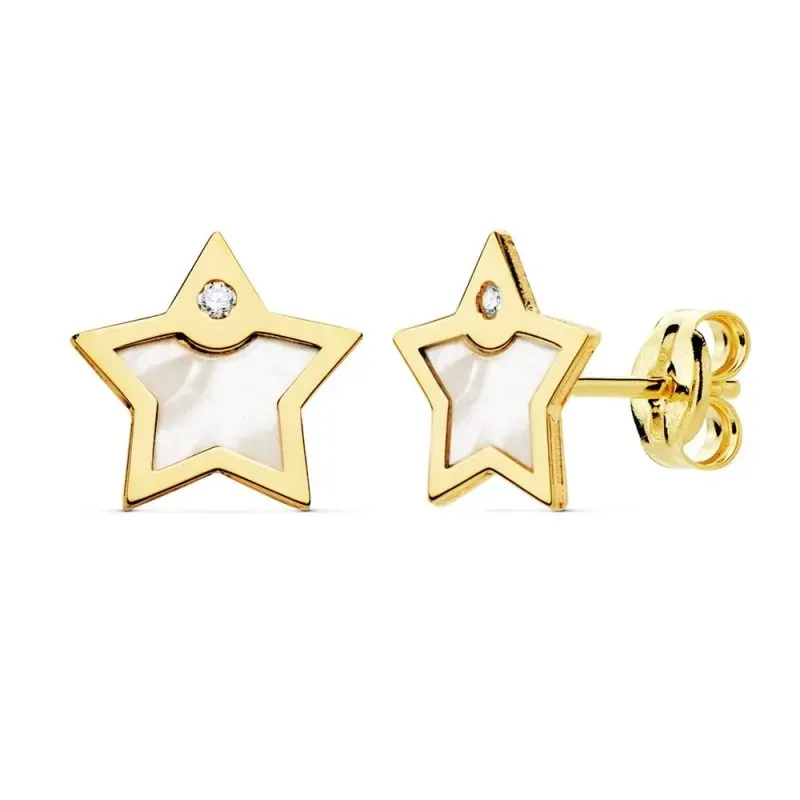 Pendientes oro 18k mujer 8mm. estrella fondo nácar borde liso punta circonita cierre presión