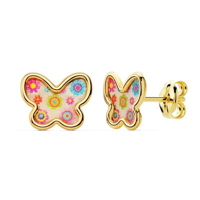 Pendientes oro 18k niña 9mm. mariposa fondo nácar detalles colorines borde liso cierre presión