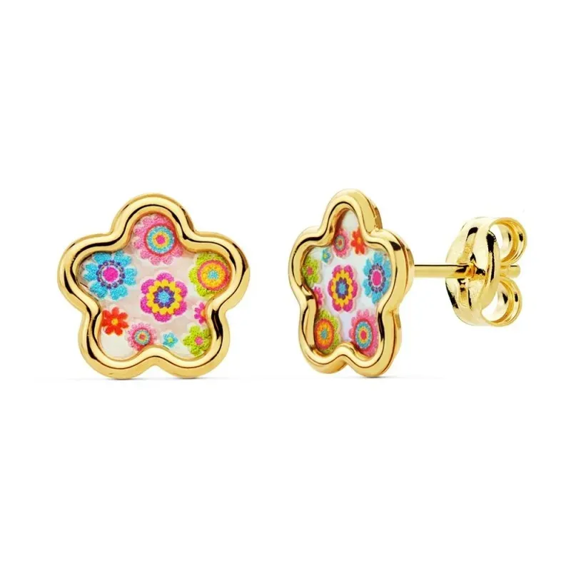 Pendientes oro 18k niña 8mm. flor fondo nácar detalles colorines borde liso cierre presión
