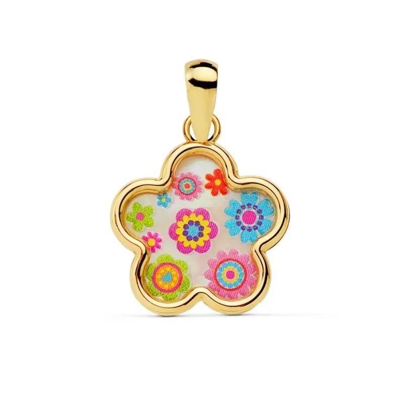 Colgante oro 18k niña 13mm. flor fondo nácar detalles colorines borde liso