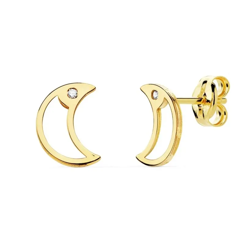 Pendientes oro 18k mujer 8mm. luna calada borde liso punta circonita cierre presión