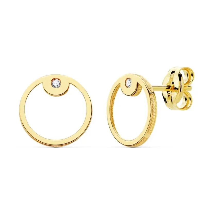 Pendientes oro 18k mujer 8mm. Karma redondos calado borde liso circonita cierre presión