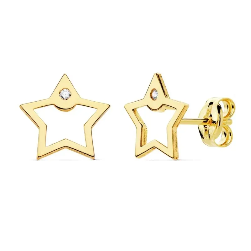 Pendientes oro 18k mujer 8mm. estrella calada borde liso punta circonita cierre presión