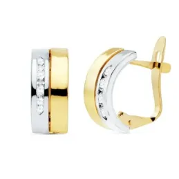 Pendientes oro bicolor 18k mujer 12mm. banda lisa circonitas cierre catalán