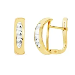 Pendientes oro 18k mujer 13.5mm. forma medio aro banda lisa centro carril circonitas cierre catalán