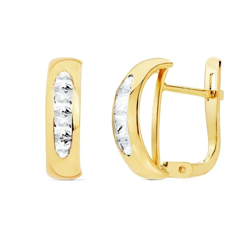Pendientes oro 18k mujer 13.5mm. forma medio aro banda lisa centro carril circonitas cierre catalán