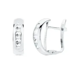Pendientes oro blanco 18k mujer 13.5mm. medio aro banda lisa centro carril circonitas cierre catalán