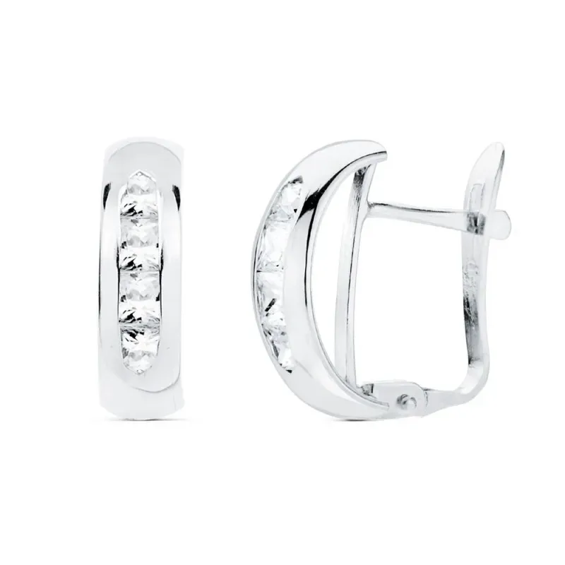 Pendientes oro blanco 18k mujer 13.5mm. medio aro banda lisa centro carril circonitas cierre catalán
