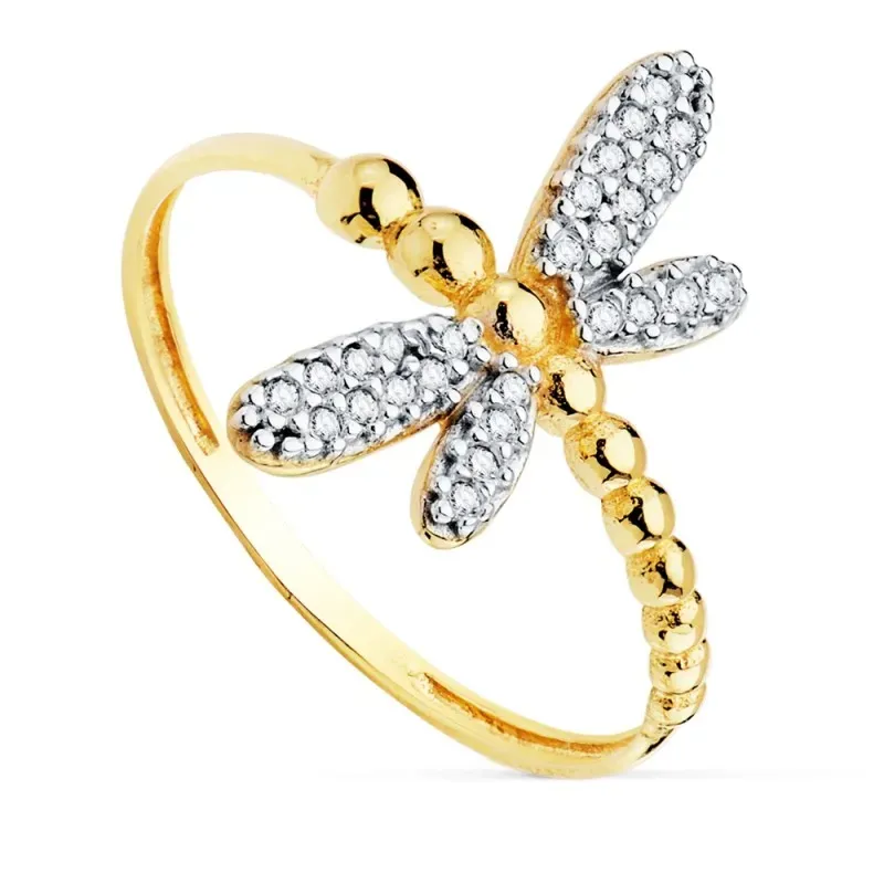Sortija oro bicolor 18k mujer libélula 17mm. detalles alas circonitas