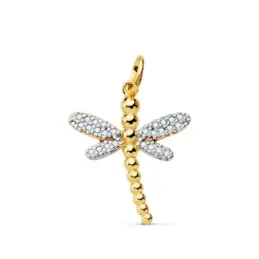 Colgante oro bicolor 18k mujer libélula 21mm. detalles alas circonitas