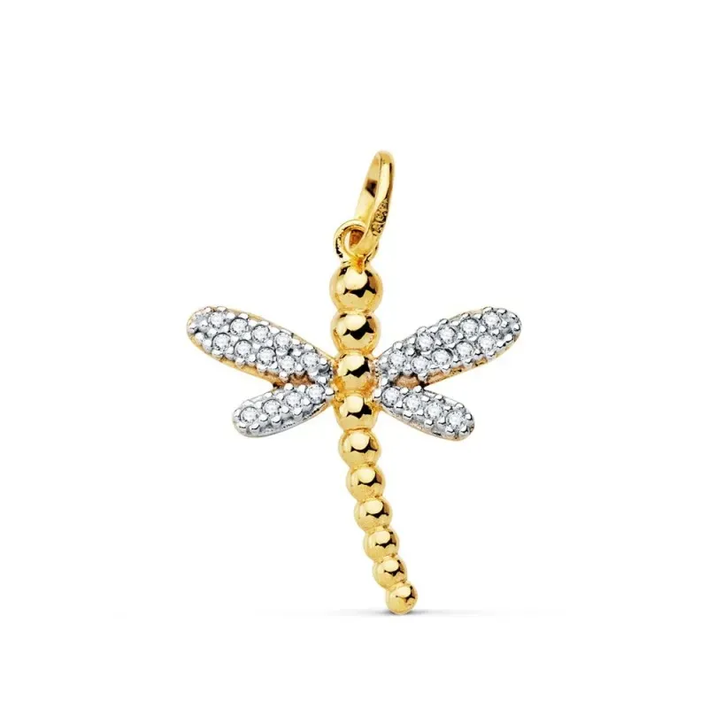 Colgante oro bicolor 18k mujer libélula 21mm. detalles alas circonitas