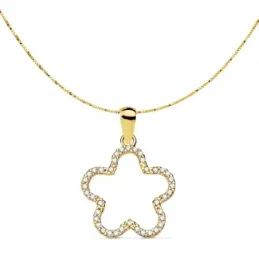 Gargantilla oro 18k mujer cadena 42cm. veneciana colgante flor 16x16mm. borde circonitas