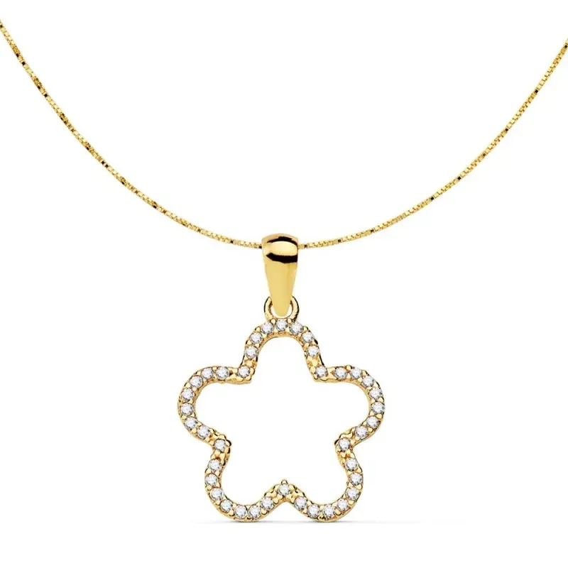 Gargantilla oro 18k mujer cadena 42cm. veneciana colgante flor 16x16mm. borde circonitas