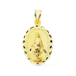 Medalla oro 9k oval 28mm. Virgen Milagrosa símbolo reverso bordes tallados