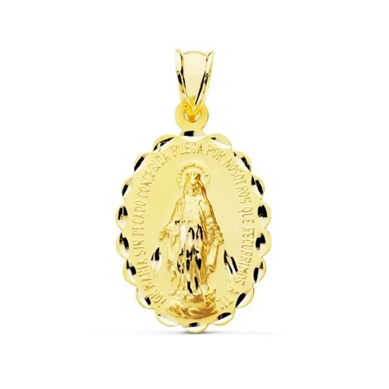 Medalla oro 9k oval 28mm. Virgen Milagrosa símbolo reverso bordes tallados