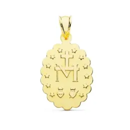 Medalla oro 9k oval 28mm. Virgen Milagrosa símbolo reverso bordes tallados