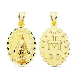 Medalla oro 9k oval 28mm. Virgen Milagrosa símbolo reverso bordes tallados