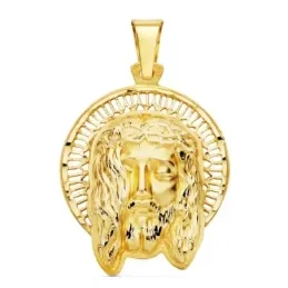 Colgante oro 18k 29mm. cabeza rostro de Cristo orla calada bandas detalles tallados
