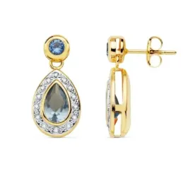 Pendientes oro bicolor 18k mujer forma lágrima piedras azul claro borde circonitas cierre presión