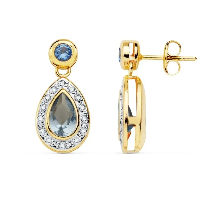Pendientes oro bicolor 18k mujer forma lágrima piedras azul claro borde circonitas cierre presión