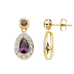 Pendientes oro bicolor 18k mujer forma lágrima piedras moradas borde circonitas cierre presión