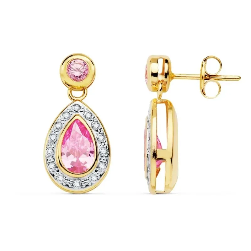 Pendientes oro bicolor 18k mujer forma lágrima piedras rosas borde circonitas cierre presión