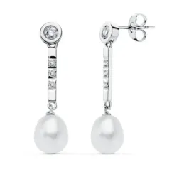 Pendientes oro blanco 18k largos 30mm. circonitas perlas forma lágrima cierre presión