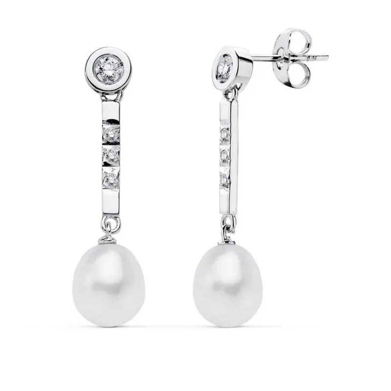 Pendientes oro blanco 18k largos 30mm. circonitas perlas forma lágrima cierre presión