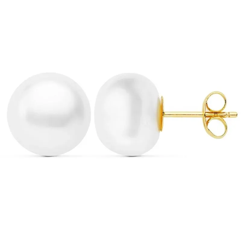Pendientes oro 18k mujer 10mm. perla botón cierre presión