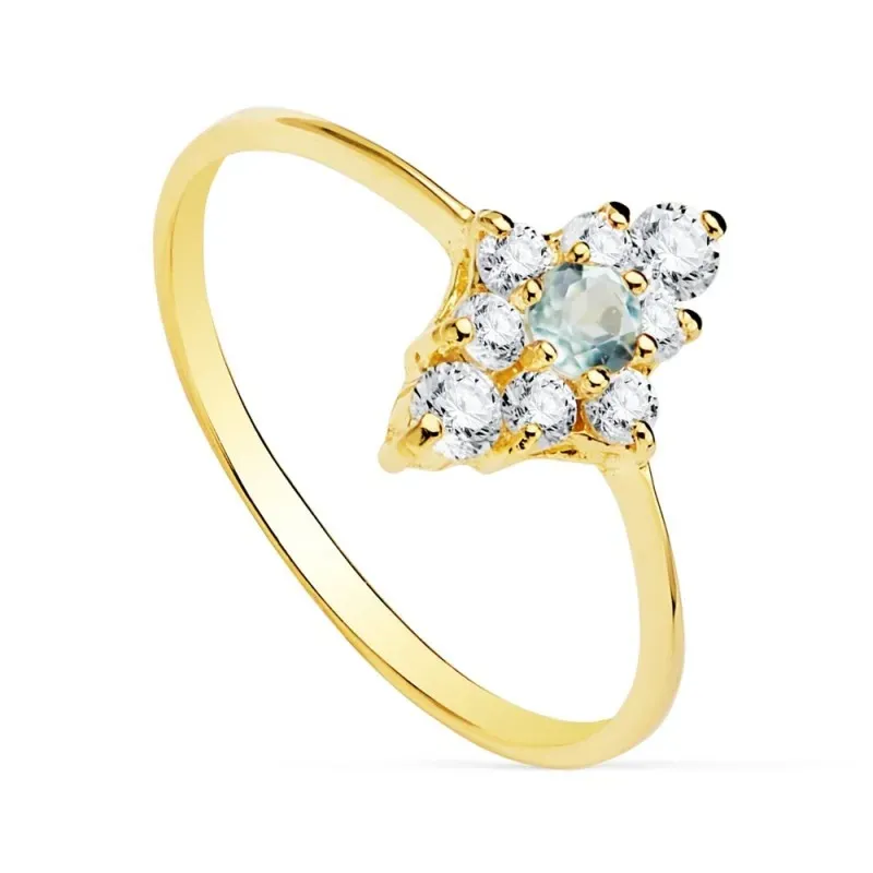 Sortija oro 18k forma lanzadera 11x8mm. centro piedra azul cuajo 10x7mm. circonitas