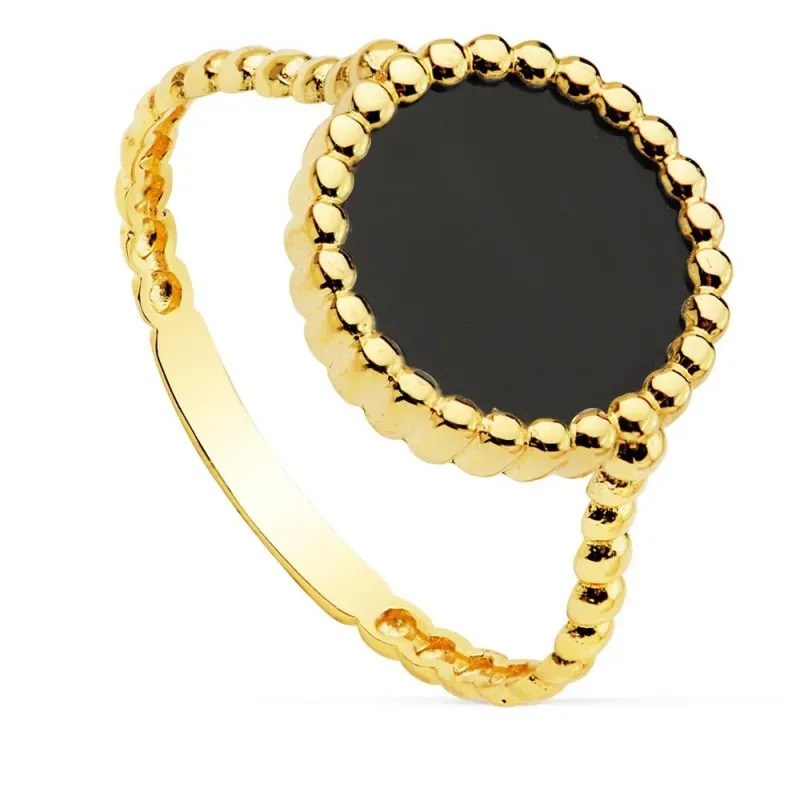 Sortija oro 18k mujer gallones centro piedra 10mm. redonda negra detalle borde bandas