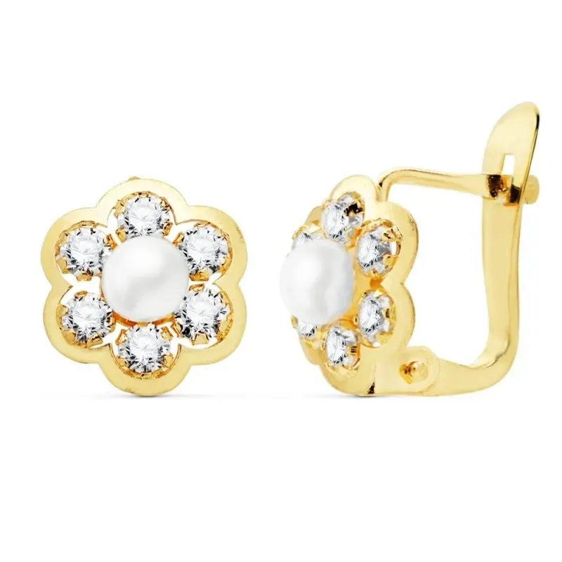 Pendientes oro 18k niña 8mm. detalle flor centro perla 3.5mm. pétalos circonitas cierre catalán