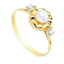 Sortija oro 18k niña perla 4mm. detalle redondo tallado circonitas banda lisa