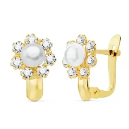 Pendientes oro 18k niña 11mm. detalle flor centro perla 4mm. pétalos circonitas cierre catalán