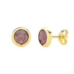 Pendientes oro 18k mujer 6.5mm. chatón redondo piedra morada malva cierre presión