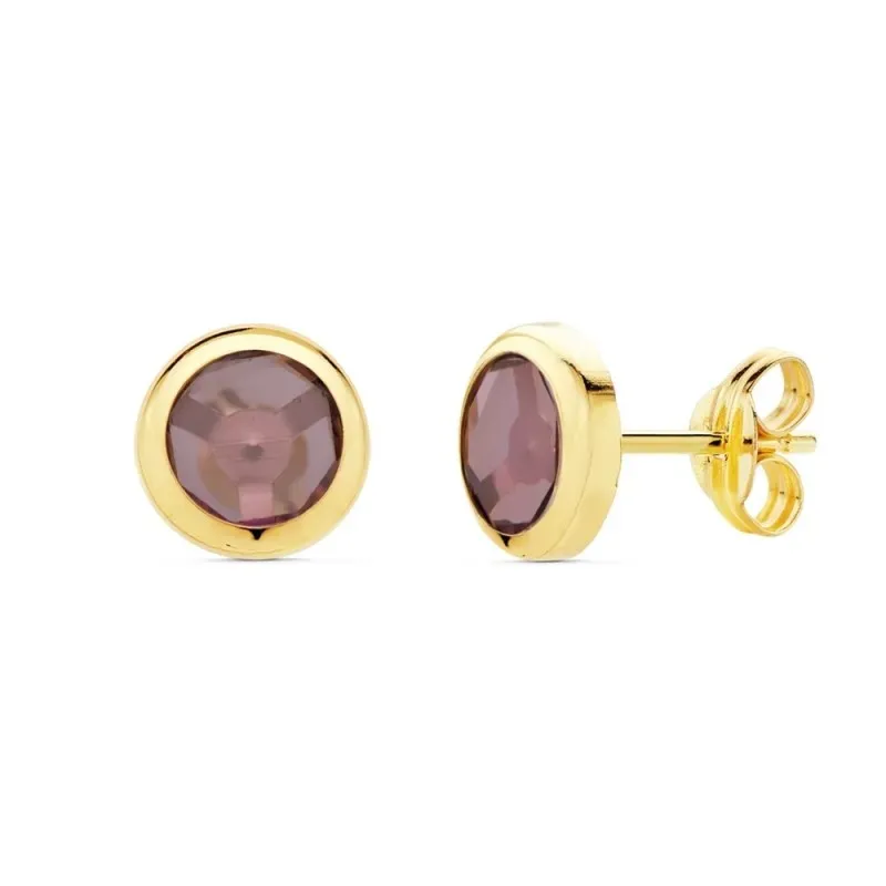 Pendientes oro 18k mujer 6.5mm. chatón redondo piedra morada malva cierre presión