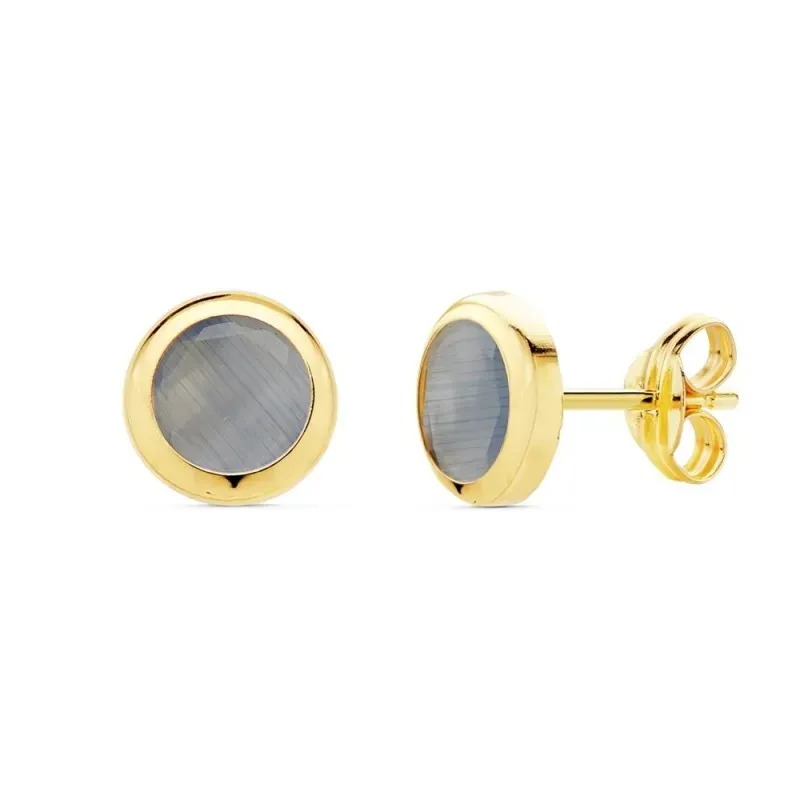 Pendientes oro 18k mujer 6.5mm. chatón redondo piedra azul cierre presión