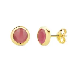 Pendientes oro 18k mujer 6.5mm. chatón redondo piedra rosa cierre presión