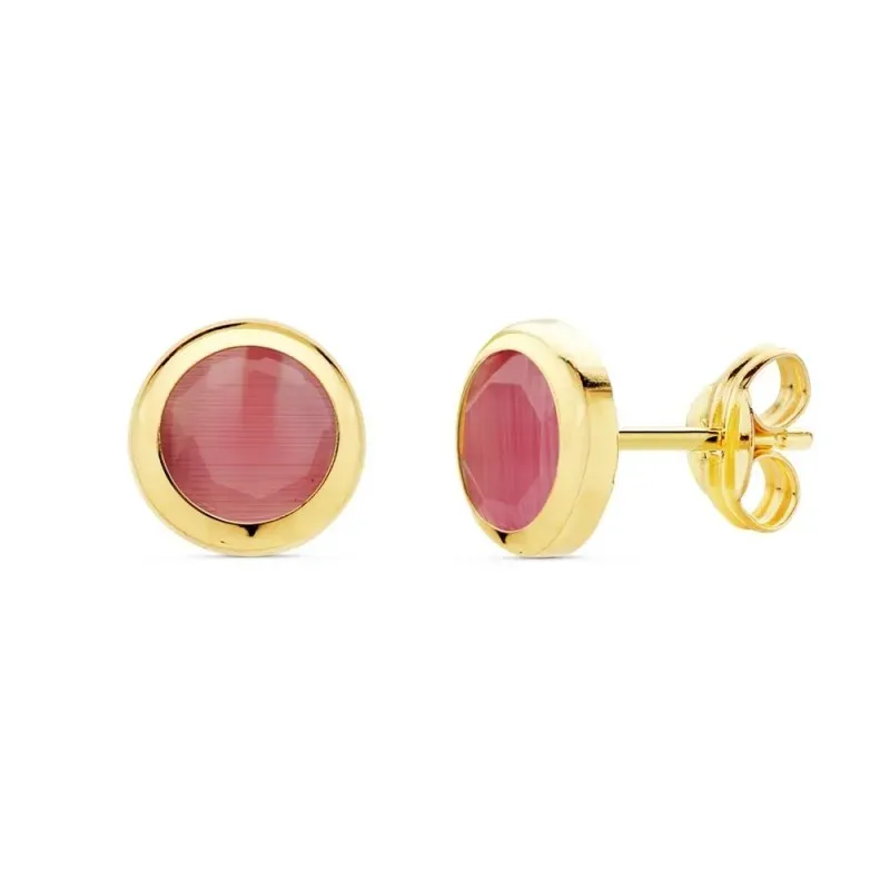 Pendientes oro 18k mujer 6.5mm. chatón redondo piedra rosa cierre presión
