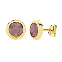 Pendientes oro 18k mujer 8.5mm. chatón redondo piedra morada malva cierre presión