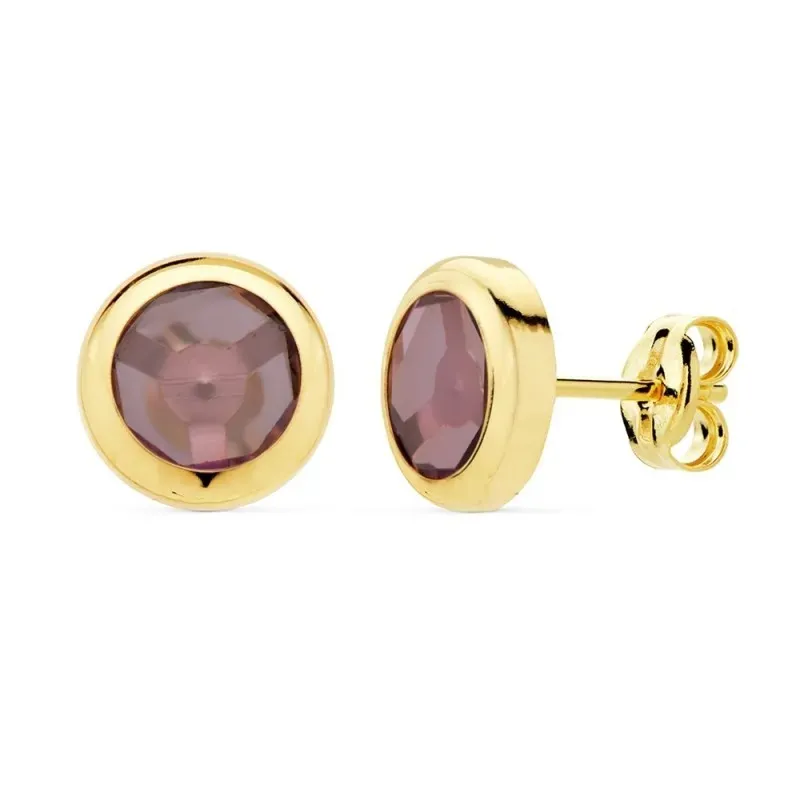 Pendientes oro 18k mujer 8.5mm. chatón redondo piedra morada malva cierre presión