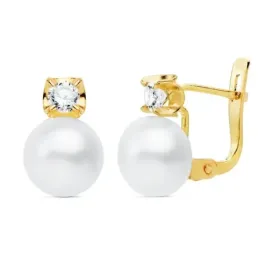 Pendientes oro 18k niña comunión 11mm. tu y yo garras circonita perla 7.5mm. botón cierre catalán
