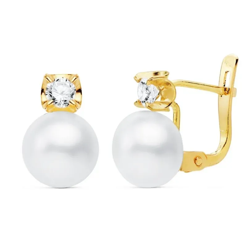Pendientes oro 18k niña comunión 11mm. tu y yo garras circonita perla 7.5mm. botón cierre catalán