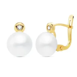 Pendientes oro 18k niña comunión 10mm. tu y yo circonita perla 7mm. botón cierre catalán