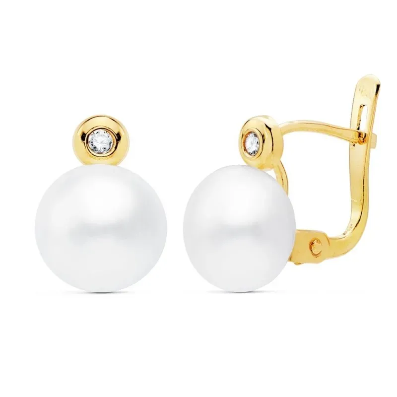 Pendientes oro 18k niña comunión 10mm. tu y yo circonita perla 7mm. botón cierre catalán