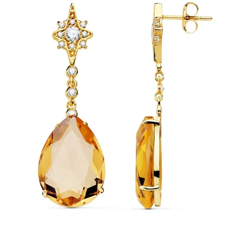 Pendientes oro 18k mujer 41cm estrella circonita cadena piedra pera color 13mm cierre presión