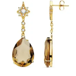 Pendientes oro 18k mujer 41cm estrella circonita cadena piedra pera color marrón 13mm cierre presión